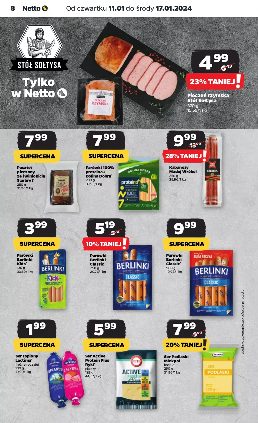 Gazetka promocyjna Netto - Artykuły spożywcze - ważna 11.01 do 17.01.2024 - strona 8 - produkty: Berlinki, BIC, Kabanos, Madej Wróbel, Parówki, Pasztet, Piec, Pieczeń rzymska, Podlaski, Ser, Ser topiony, Stół, Szubryt, Top