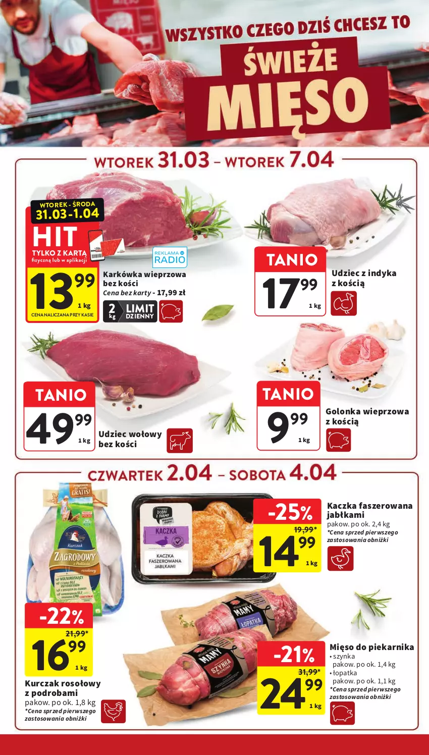 Gazetka promocyjna Intermarche - Gazetka promocyjna - ważna 31.03 do 07.04.2026 - strona 22 - produkty: Fa, Golonka wieprzowa, Jabłka, Kaczka, Kaczka faszerowana, Karkówka wieprzowa, Kurczak, Mięso, Piekarnik, Szynka, Udziec wołowy, Udziec z indyka
