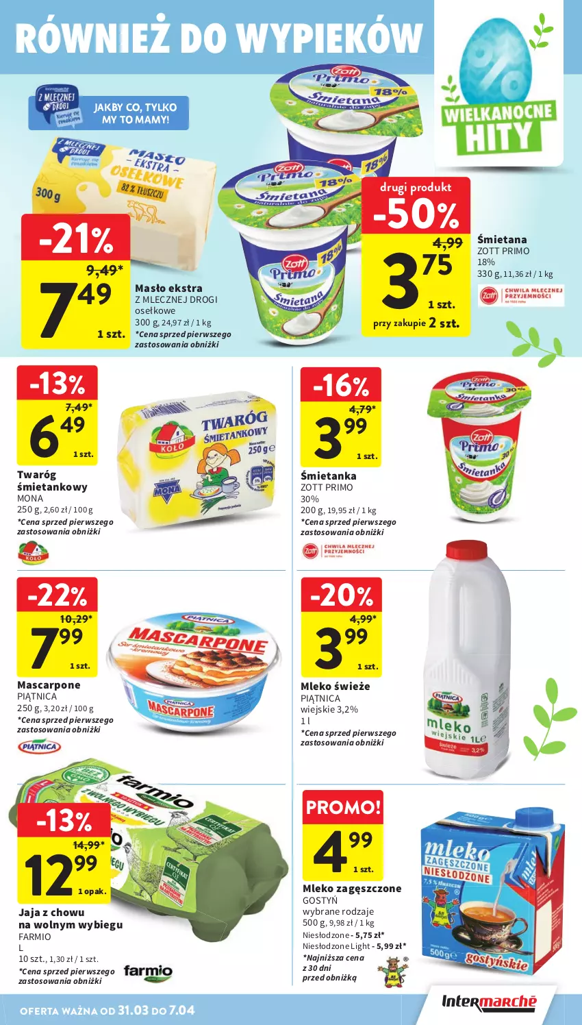 Gazetka promocyjna Intermarche - Gazetka promocyjna - ważna 31.03 do 07.04.2026 - strona 29 - produkty: Fa, Jaja, Mascarpone, Masło, Mleko, Mleko zagęszczone, Piątnica, Twaróg, Twaróg śmietankowy, Zott, Zott Primo