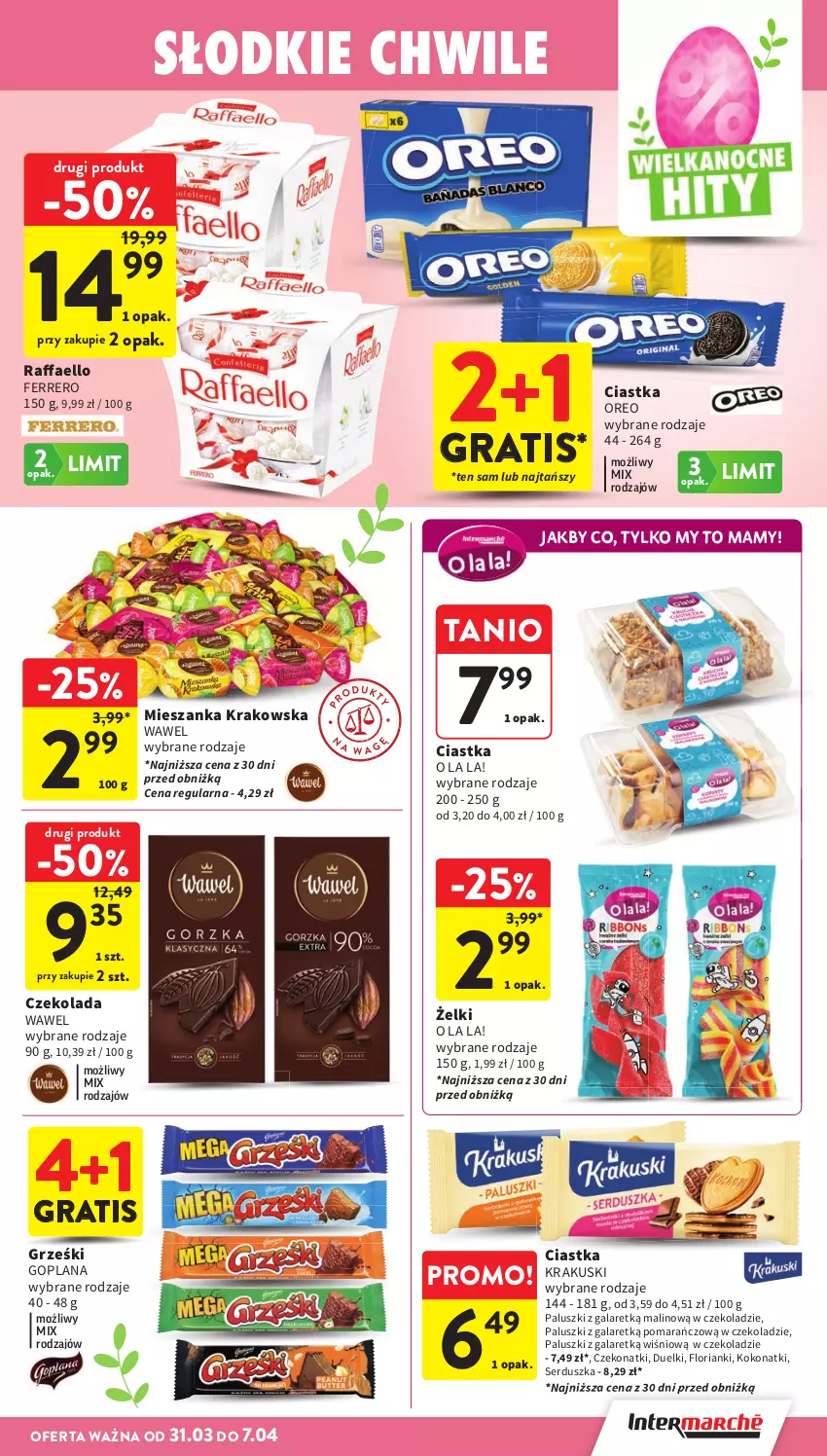 Gazetka promocyjna Intermarche - Gazetka promocyjna - ważna 31.03 do 07.04.2026 - strona 35 - produkty: Ciastka, Czekolada, Fa, Ferrero, Gala, Goplana, Gra, Grześki, Krakus, Krakuski, LANA, Oreo, Raffaello, Ser, Wawel