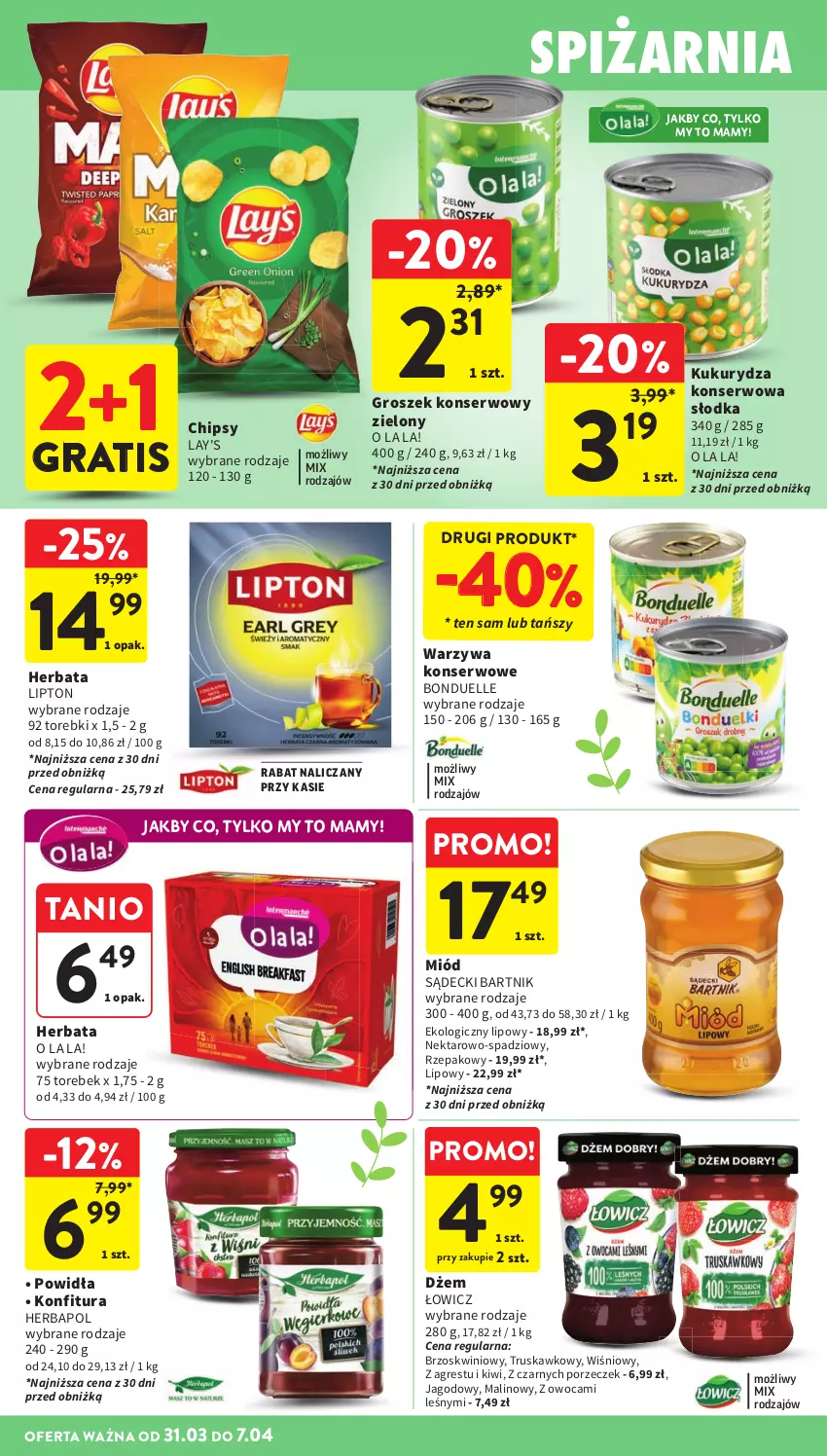 Gazetka promocyjna Intermarche - Gazetka promocyjna - ważna 31.03 do 07.04.2026 - strona 36 - produkty: Bonduelle, Chipsy, Dżem, Gra, Gres, Groszek, Herbapol, Herbata, Kiwi, Konfitura, Kukurydza, Kukurydza konserwowa, Lipton, Miód, Nektar, Por, Ser, Warzywa, Warzywa konserwowe