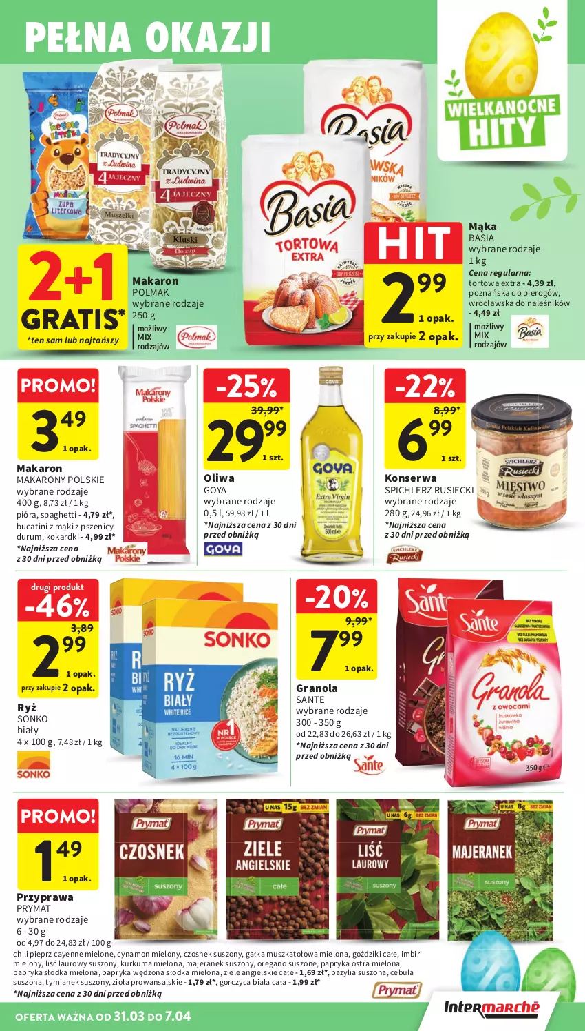 Gazetka promocyjna Intermarche - Gazetka promocyjna - ważna 31.03 do 07.04.2026 - strona 37 - produkty: Basia, Bazyl, Bazylia, Cebula, Czosnek, Gałka, Gra, Granola, Imbir, Kurkuma, Laur, Mąka, Makaron, Mus, Oliwa, Olma, Oregano suszone, Papryka, Papryka słodka, Papryka wędzona, Pieprz, Prymat, Rum, Ryż, Sante, Ser, Sonko, Spaghetti, Spichlerz Rusiecki, Ziele angielskie