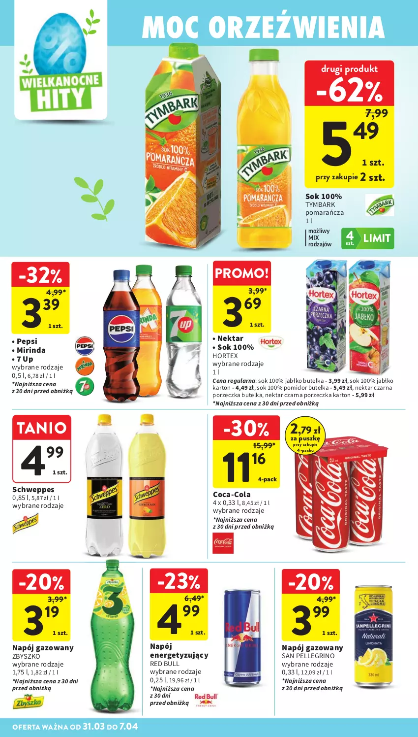 Gazetka promocyjna Intermarche - Gazetka promocyjna - ważna 31.03 do 07.04.2026 - strona 38 - produkty: Coca-Cola, Hortex, Mirinda, Napój, Napój gazowany, Nektar, Pepsi, Por, Red Bull, Schweppes, Sok, Tymbark