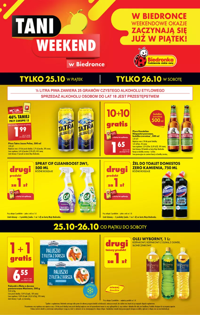 Gazetka promocyjna Biedronka - Piatek Sobota - ważna 25.10 do 26.10.2024 - strona 1 - produkty: Astor, Cif, Domestos, Dorsz, Gra, Kasztelan, Nokia, Olej, Oliwa, Piwa, Por, Sos, Tatra