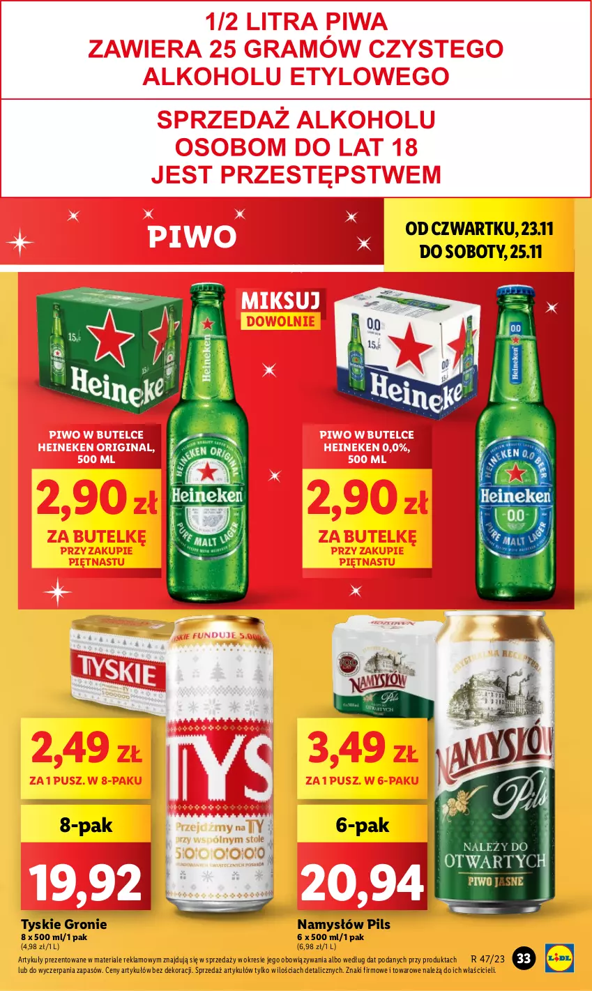 Gazetka promocyjna Lidl - GAZETKA - ważna 23.11 do 25.11.2023 - strona 47 - produkty: Gin, Heineken, Namysłów, Piwo, Tyskie