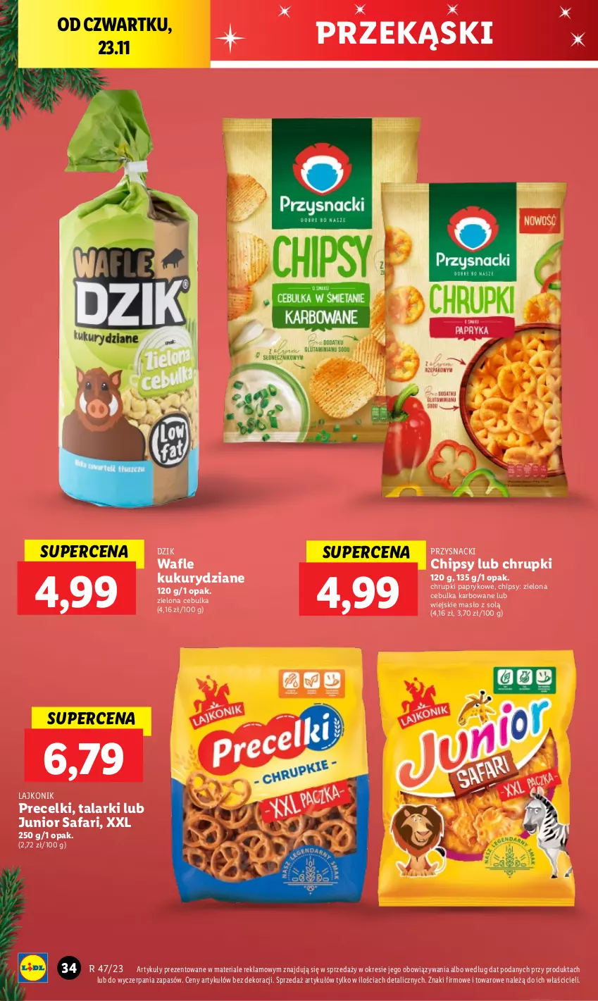 Gazetka promocyjna Lidl - GAZETKA - ważna 23.11 do 25.11.2023 - strona 48 - produkty: Chipsy, Chrupki, Fa, Lajkonik, Masło, Precelki, Przysnacki, Wafle