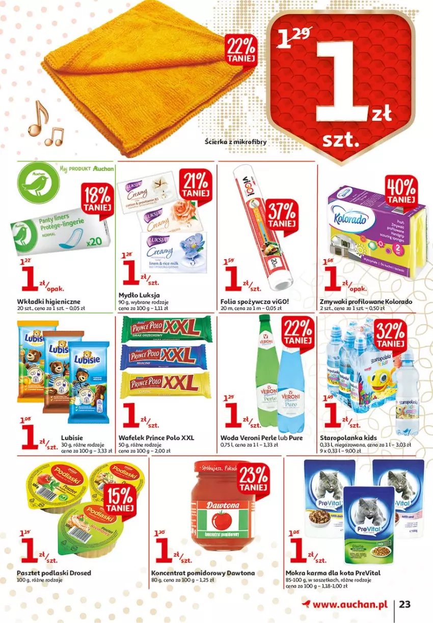 Gazetka promocyjna Auchan - 25 Urodziny #3 Hipermarkety - ważna 06.05 do 13.05.2021 - strona 23 - produkty: Dawtona, Kolorado, Koncentrat pomidorowy, Lubisie, Luksja, Mokra karma, Mydło, Pasztet, Podlaski, Prince Polo, Pur, Staropolanka, Wafelek, Wkładki