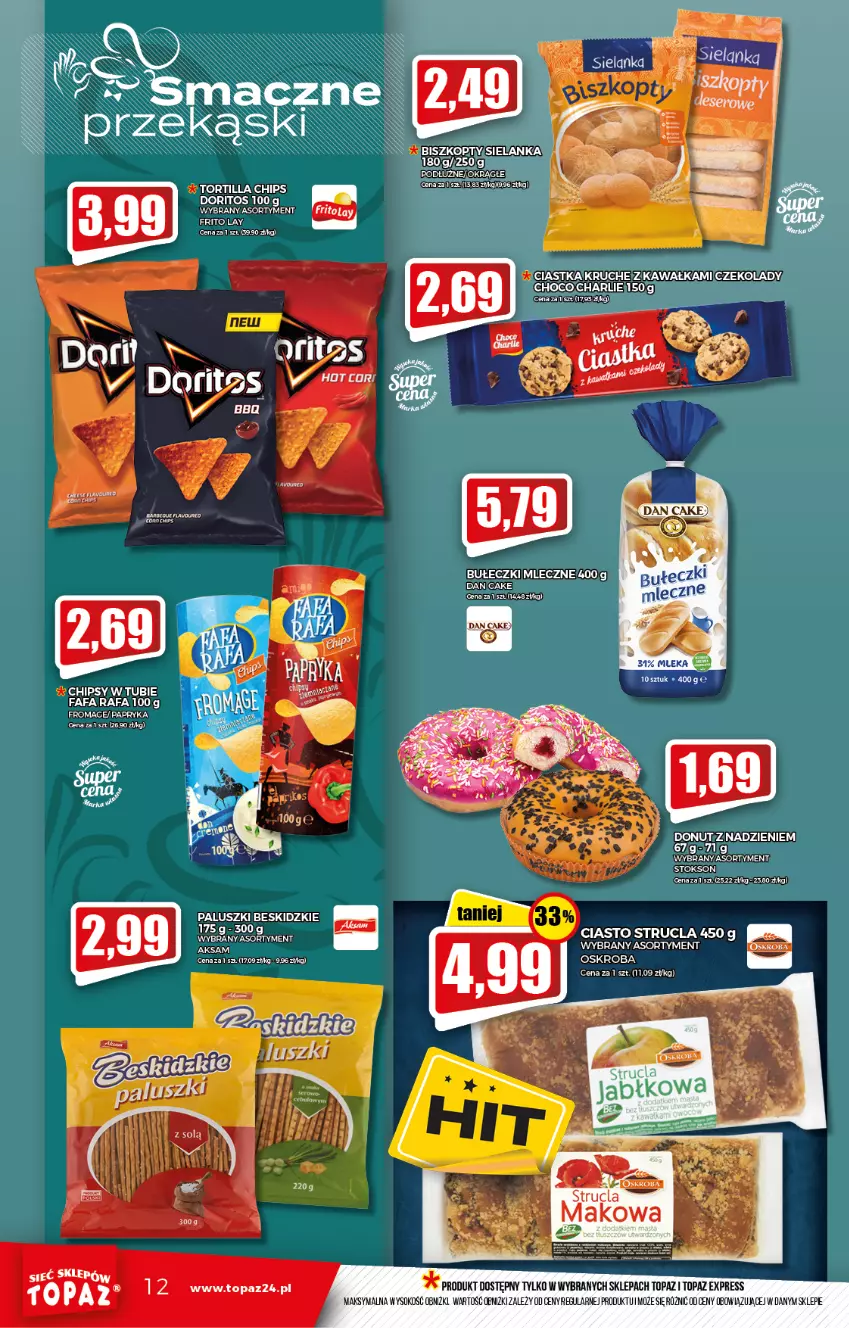 Gazetka promocyjna Topaz - Gazetka - ważna 21.10 do 27.10.2021 - strona 12 - produkty: Bułeczki, Bułeczki mleczne, Dan Cake, Donut, Gra, Sok, Strucla, Top, Tortilla, Tortilla Chips