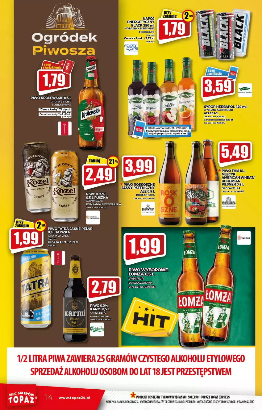 Gazetka promocyjna Topaz - Gazetka - ważna 21.10 do 27.10.2021 - strona 14 - produkty: Carlsberg, Fa, Gra, Herbapol, Karmi, Kozel, Królewski, Lack, Mus, Piwa, Piwo, Pur, Sok, Syrop, Tatra, Top