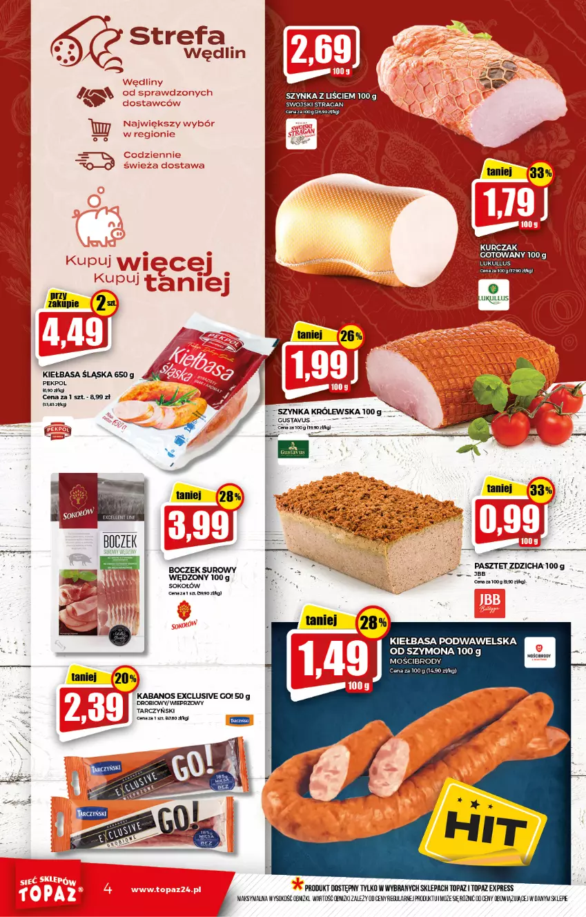 Gazetka promocyjna Topaz - Gazetka - ważna 21.10 do 27.10.2021 - strona 4 - produkty: Boczek, Body, Kabanos, Kiełbasa, Kiełbasa podwawelska, Kurczak, Pasztet, Sok, Szynka, Szynka Królewska, Tarczyński, Top, Wawel