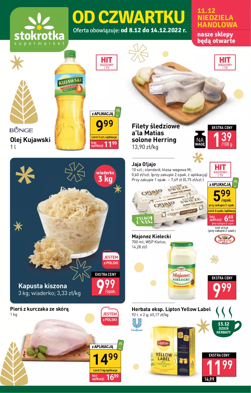 Gazetka promocyjna Stokrotka - Supermarket - ważna 08.12 do 14.12.2022 - strona 1 - produkty: Herbata, Jaja, Kujawski, Kurczak, Lipton, Majonez, Olej