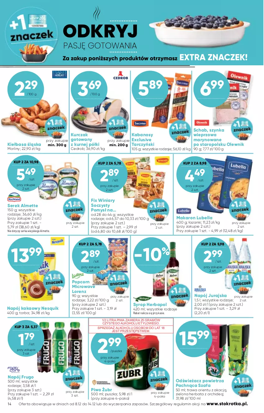 Gazetka promocyjna Stokrotka - Supermarket - ważna 08.12 do 14.12.2022 - strona 14 - produkty: Almette, Bell, Bella, Fa, Gra, Herbapol, Herbata, Kabanos, Kakao, Kiełbasa, Kiełbasa śląska, Kurczak, Lorenz, Lubella, Makaron, Morliny, Napój, Nesquik, Odświeżacz powietrza, Olewnik, Piwa, Piwo, Popcorn, Ser, Serek, Syrop, Szafa, Szynka, Szynka wieprzowa, Tarczyński, Torba, Winiary