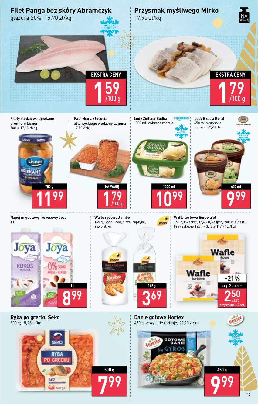 Gazetka promocyjna Stokrotka - Supermarket - ważna 08.12 do 14.12.2022 - strona 17 - produkty: Danie gotowe, Glazura, Hortex, Kokos, Lazur, Lisner, Lody, Napój, Panga, Papryka, Paprykarz, Pizza, Ryba, Ryba po grecku, Ryż, SEKO, Sos, Wafle, Wafle tortowe, Zielona Budka