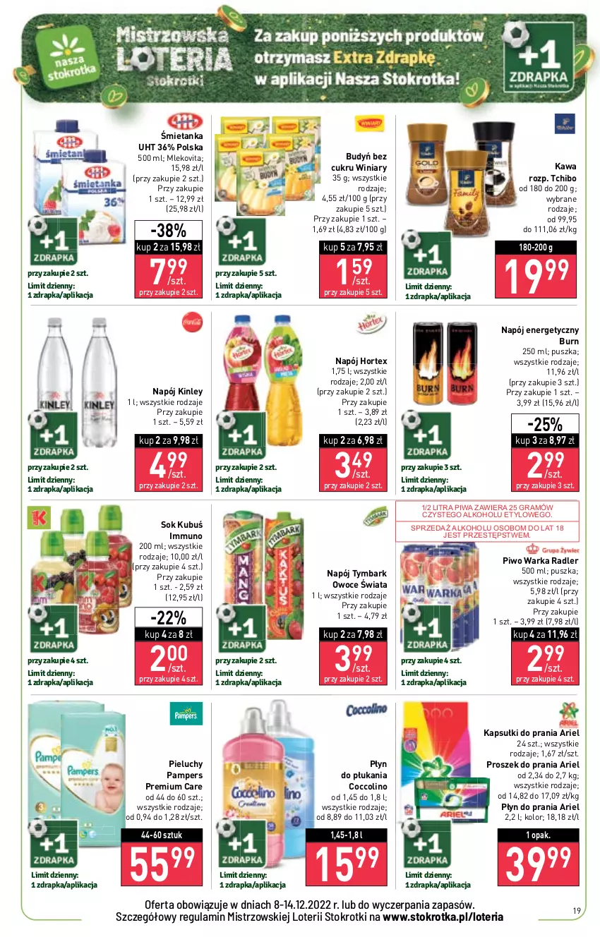 Gazetka promocyjna Stokrotka - Supermarket - ważna 08.12 do 14.12.2022 - strona 19 - produkty: Ariel, Budyń, Coccolino, Gra, Hortex, Kapsułki do prania, Kawa, Kubuś, Mleko, Mlekovita, Napój, Napój energetyczny, Owoce, Pampers, Pieluchy, Piwa, Piwo, Płyn do płukania, Płyn do prania, Proszek do prania, Radler, Sok, Tchibo, Tymbark, Warka, Winiary