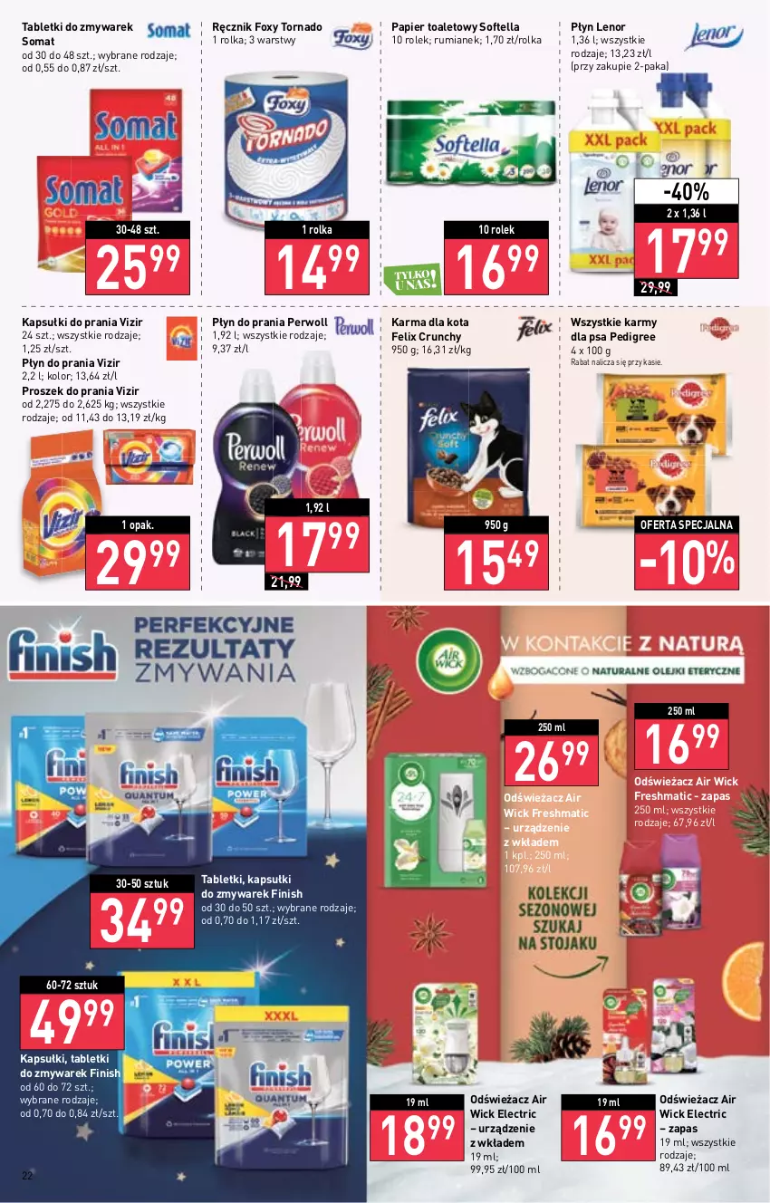 Gazetka promocyjna Stokrotka - Supermarket - ważna 08.12 do 14.12.2022 - strona 22 - produkty: Air Wick, Felix, Finish, Foxy, Kapsułki do prania, Lenor, Papier, Papier toaletowy, Pedigree, Perwoll, Płyn do prania, Proszek do prania, Ręcznik, Rum, Somat, Tablet, Vizir