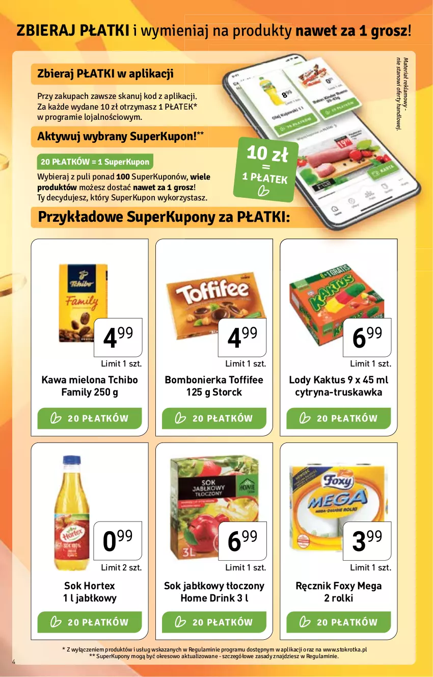 Gazetka promocyjna Stokrotka - Supermarket - ważna 08.12 do 14.12.2022 - strona 4 - produkty: Fa, Foxy, Gra, Hortex, Kaktus, Kawa, Kawa mielona, Lody, Ręcznik, Rolki, Sok, Sok jabłkowy, Tchibo, Tchibo Family, Toffifee