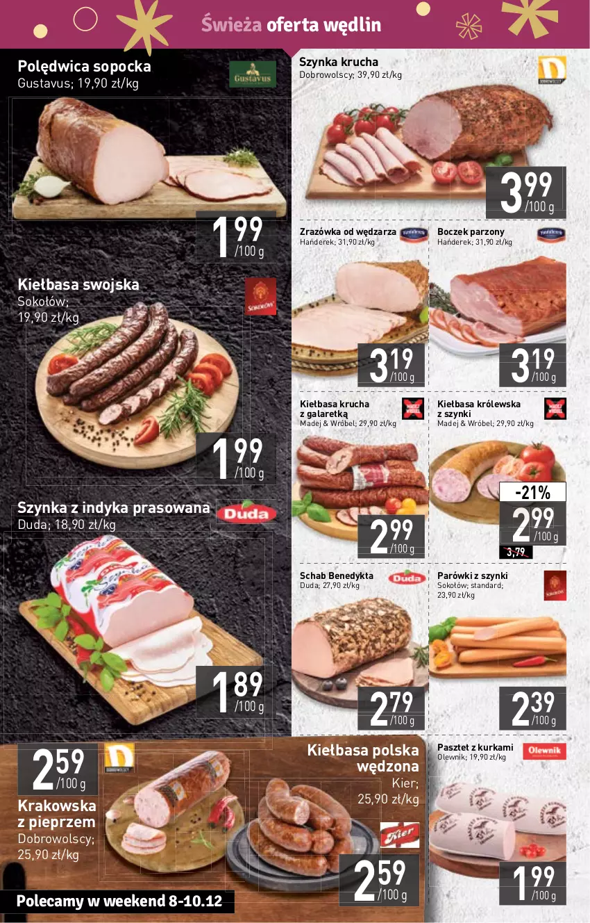 Gazetka promocyjna Stokrotka - Supermarket - ważna 08.12 do 14.12.2022 - strona 6 - produkty: Boczek, Duda, Gala, Kiełbasa, Kiełbasa krucha, Olewnik, Parówki, Parówki z szynki, Pasztet, Pieprz, Polędwica, Schab Benedykta, Sok, Sokołów, Szynka