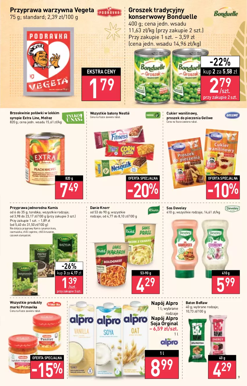 Gazetka promocyjna Stokrotka - Supermarket - ważna 08.12 do 14.12.2022 - strona 9 - produkty: Alpro, Baton, Bonduelle, Brzoskwinie, Cukier, Cukier wanilinowy, Czosnek, Gin, Groszek, Kamis, Knorr, Napój, Nestlé, Piec, Prima, Primavika, Proszek do pieczenia, Przyprawy, Ser, Sos, Syrop, Torebka, Vegeta