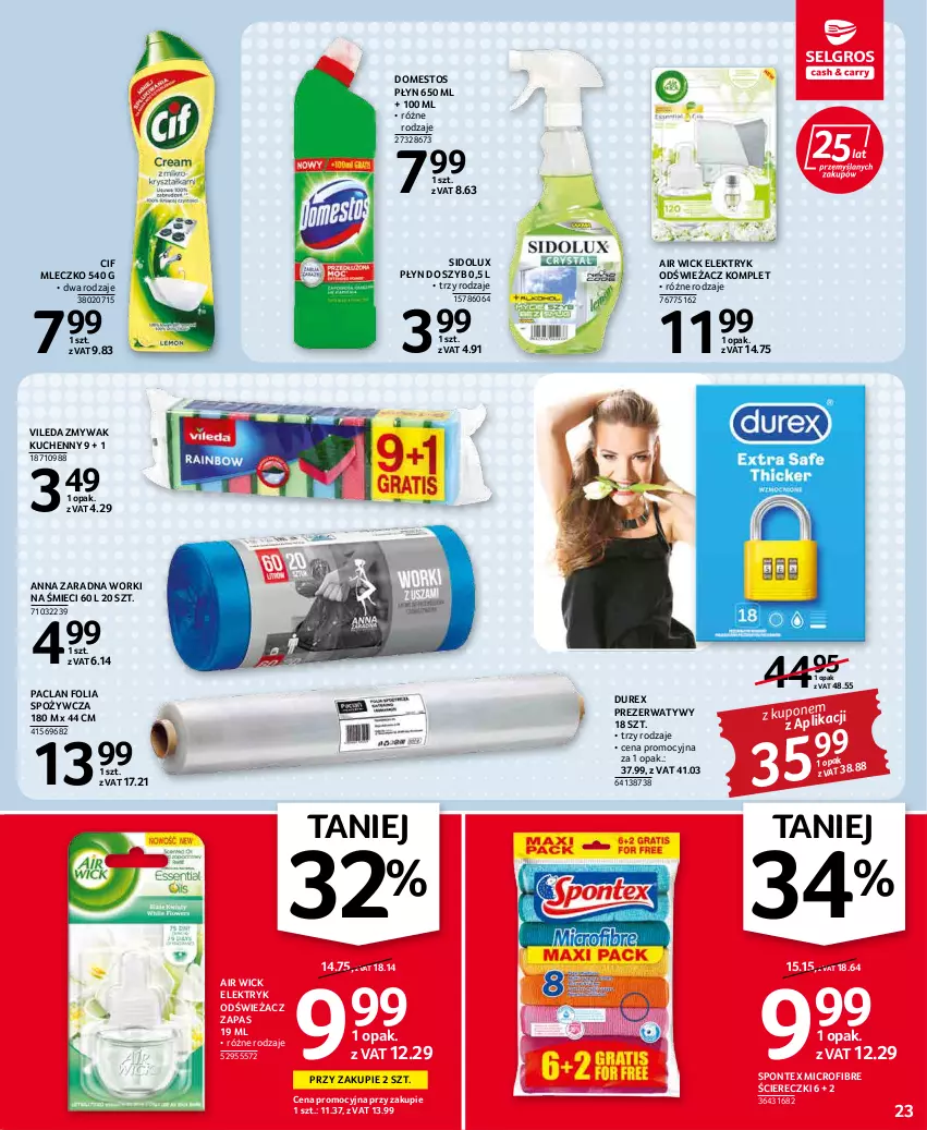 Gazetka promocyjna Selgros - Oferta spożywcza - ważna 17.03 do 30.03.2022 - strona 23 - produkty: Air Wick, Cif, Domestos, Durex, Mleczko, Płyn do szyb, Prezerwatyw, Sidolux, Vileda, Worki na śmiec, Worki na śmieci