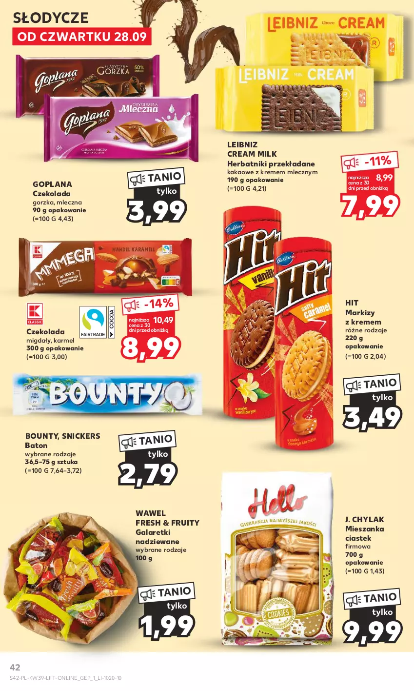 Gazetka promocyjna Kaufland - Gazetka tygodnia - ważna 28.09 do 04.10.2023 - strona 42 - produkty: Baton, Bounty, Czekolada, Gala, Galaretki, Goplana, Herbatniki, J. Chylak, Kakao, LANA, Migdały, Snickers, Stek, Wawel