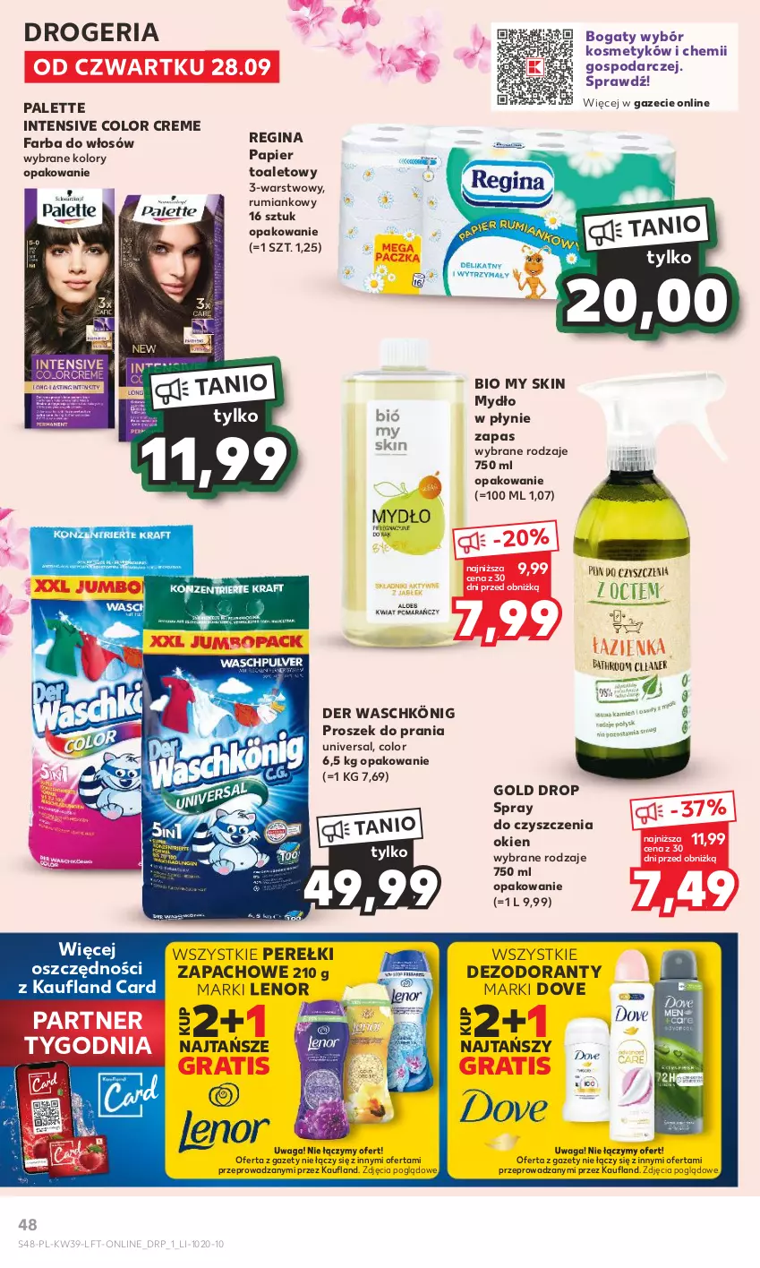 Gazetka promocyjna Kaufland - Gazetka tygodnia - ważna 28.09 do 04.10.2023 - strona 48 - produkty: Color Creme, Dezodorant, Dove, Fa, Farba do włosów, Gin, Gra, König, Lenor, Mydło, Mydło w płynie, Palette, Papier, Papier toaletowy, Proszek do prania, Rum, Spray do czyszczenia, Waga