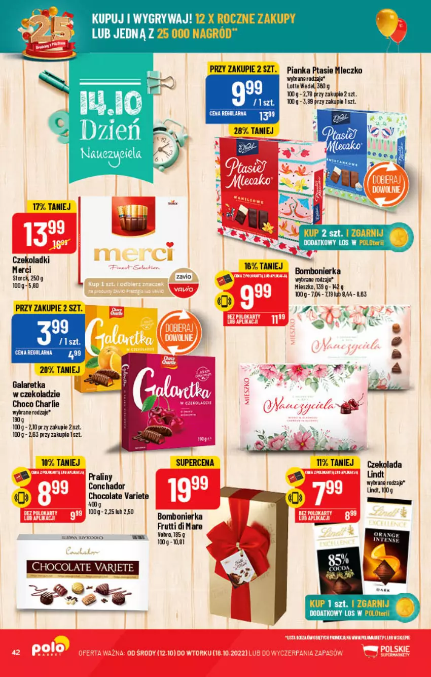 Gazetka promocyjna PoloMarket - Gazetka pomocyjna - ważna 12.10 do 18.10.2022 - strona 42 - produkty: Czekolada, Gala, Galaretka, Lindt, Mleczko, Praliny, Ptasie mleczko