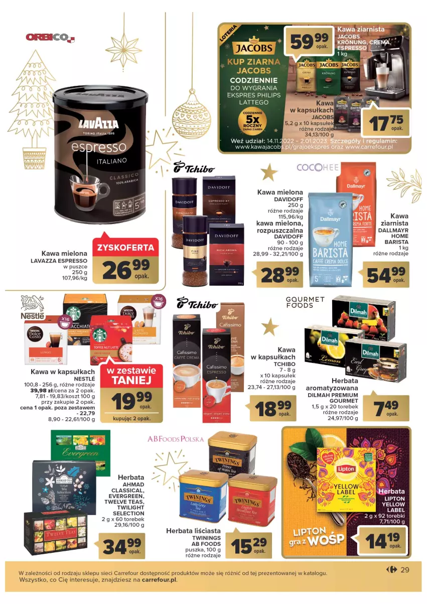 Gazetka promocyjna Carrefour - Gazetka Prezenty - ważna 08.11 do 26.11.2022 - strona 29 - produkty: Cafissimo, Dallmayr, Davidoff, Dilmah, Gra, Herbata, Kawa, Kawa mielona, Kosz, Lavazza, Philips, Tchibo