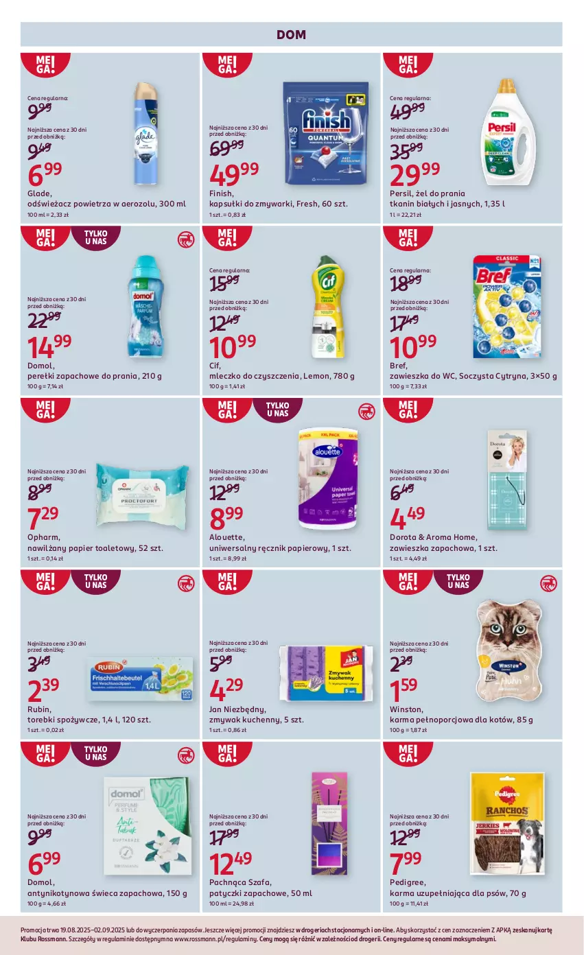 Gazetka promocyjna Rossmann - 19 sierpnia - ważna 19.08 do 02.09.2025 - strona 11 - produkty: Alouette, Bref, Cif, Domol, Fa, Finish, Jan Niezbędny, Mleczko, Nawilżany papier, Odświeżacz powietrza, Papier, Papier toaletowy, Pedigree, Perełki zapachowe, Persil, Por, Ręcznik, Rubin, Szafa, Winston, Zawieszka do wc, Zmywarki