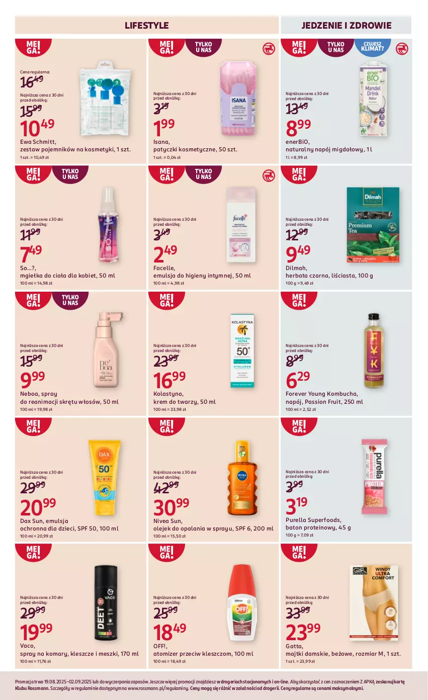 Gazetka promocyjna Rossmann - 19 sierpnia - ważna 19.08 do 02.09.2025 - strona 13 - produkty: Baton, DAX, Dilmah, Dzieci, Emulsja, Enerbio, Ewa Schmitt, Fa, Facelle, Gatta, Herbata, Herbata czarna, Isana, Krem do twarzy, Majtki, Napój, Nivea, Olej, Patyczki kosmetyczne, Pojemnik, Pur, Purella superfoods, Zdrowie