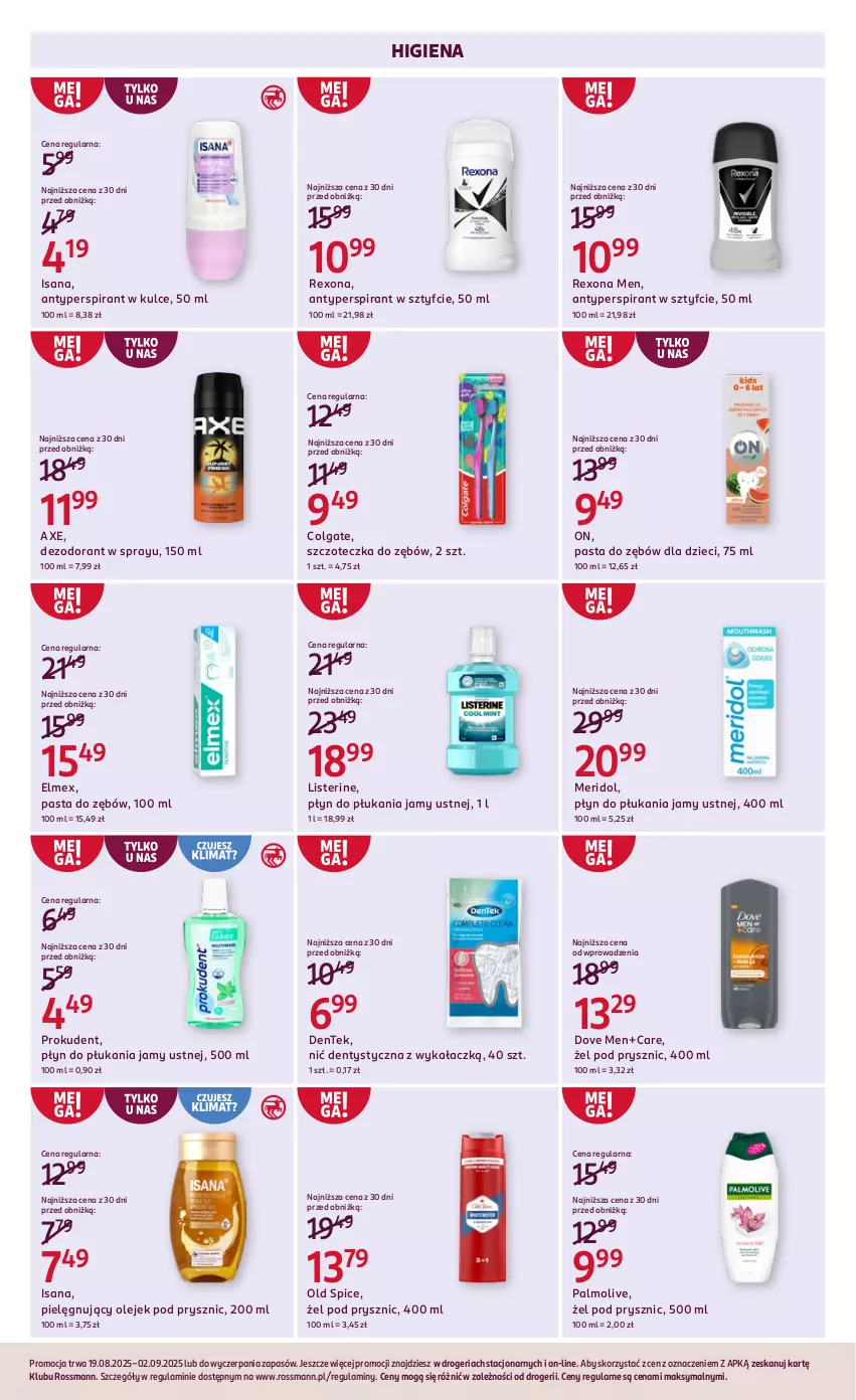 Gazetka promocyjna Rossmann - 19 sierpnia - ważna 19.08 do 02.09.2025 - strona 4 - produkty: Antyperspirant, Colgate, Dezodorant, Dove, Dzieci, Elmex, Isana, LG, Listerine, Nić dentystyczna, Old Spice, Olej, Olejek pod prysznic, Palmolive, Pasta do zębów, Płyn do płukania, Płyn do płukania jamy ustnej, Prokudent, Rexona, Szczoteczka, Szczoteczka do zębów