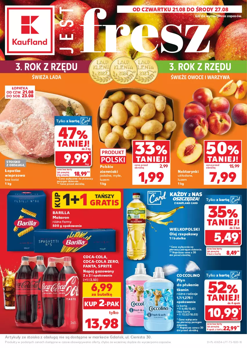 Gazetka promocyjna Kaufland - Gazetka tygodnia - ważna 21.08 do 27.08.2025 - strona 1 - produkty: Barilla, Coca-Cola, Coccolino, Fa, Fanta, Gra, Makaron, Napój, Napój gazowany, Nektar, Olej, Olej rzepakowy, Owoce, Płyn do płukania, Sprite, Warzywa, Ziemniaki