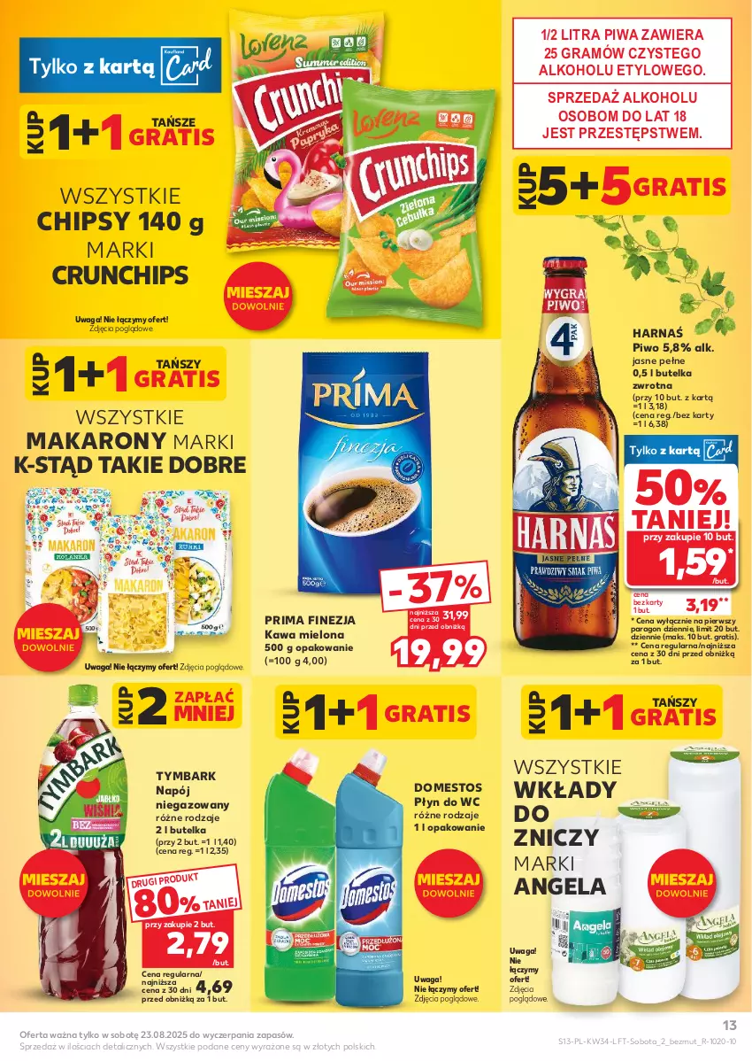 Gazetka promocyjna Kaufland - Gazetka tygodnia - ważna 21.08 do 27.08.2025 - strona 13 - produkty: Chipsy, Crunchips, Domestos, Gra, Harnaś, Kawa, Kawa mielona, Makaron, Napój, Napój niegazowany, Piwa, Piwo, Płyn do wc, Prima, Tymbark, Waga, Znicz