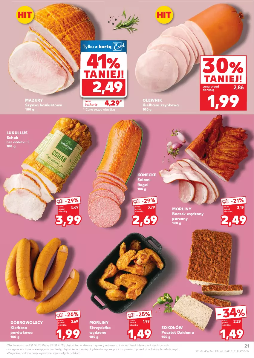 Gazetka promocyjna Kaufland - Gazetka tygodnia - ważna 21.08 do 27.08.2025 - strona 21 - produkty: Boczek, Kiełbasa, Kiełbasa szynkowa, Morliny, Olewnik, Pasztet, Rogal, Salami, Sok, Sokołów, Szynka