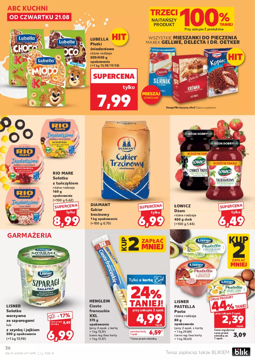 Gazetka promocyjna Kaufland - Gazetka tygodnia - ważna 21.08 do 27.08.2025 - strona 36 - produkty: Bell, Bella, Ciasto francuskie, Cukier, Cukier trzcinowy, Danio, Delecta, Diamant, Dr. Oetker, Dżem, Lisner, Lubella, Pastella, Piec, Rio Mare, Sałat, Sałatka, Sałatka warzywna, Tera, Tuńczyk, Waga