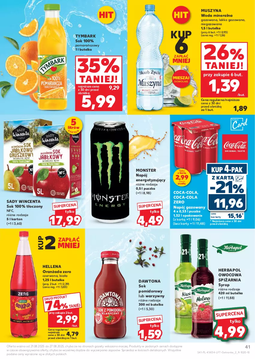 Gazetka promocyjna Kaufland - Gazetka tygodnia - ważna 21.08 do 27.08.2025 - strona 41 - produkty: Coca-Cola, Dawtona, Hellena, Herbapol, Mus, Napój, Napój gazowany, Oranżada, Sok, Sok pomidorowy, Syrop, Szyna, Tran, Tymbark, Woda, Woda mineralna