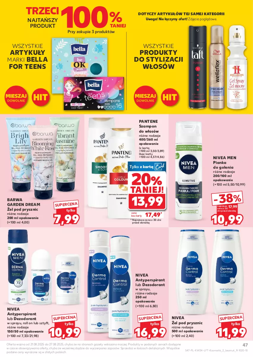 Gazetka promocyjna Kaufland - Gazetka tygodnia - ważna 21.08 do 27.08.2025 - strona 47 - produkty: Antyperspirant, Bell, Bella, Dezodorant, Nivea, Nivea Men, Pantene, Pianka do golenia, Szampon, Waga