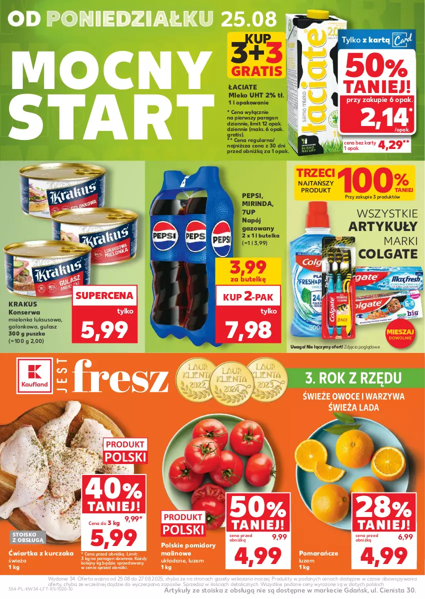 Gazetka promocyjna Kaufland - Gazetka tygodnia - ważna 21.08 do 27.08.2025 - strona 54 - produkty: 7up, Colgate, Gra, Krakus, Kurczak, LG, Mirinda, Mleko, Napój, Napój gazowany, Olej, Owoce, Pepsi, Pomarańcze, Pomidory, Ser, Waga, Warzywa