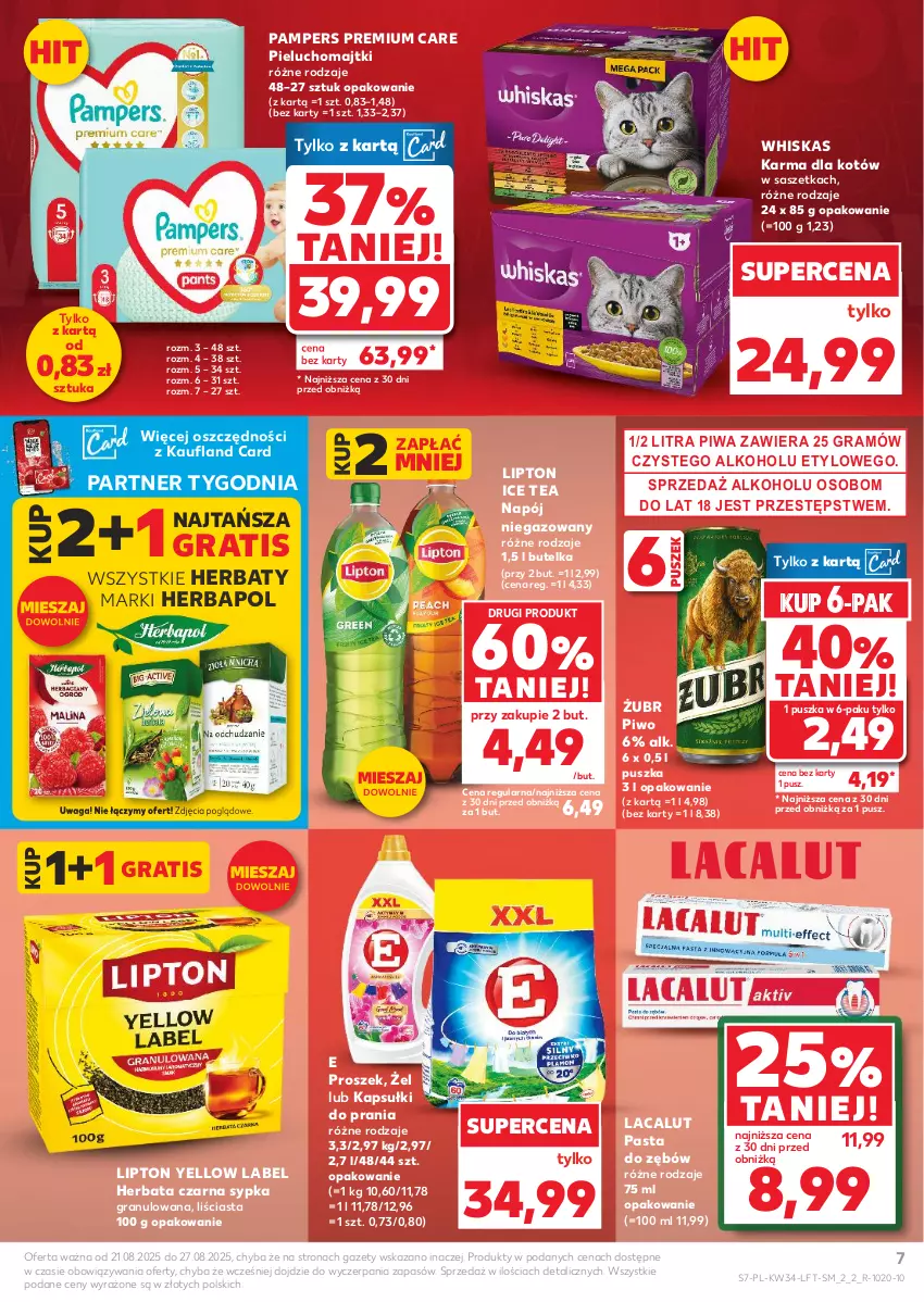 Gazetka promocyjna Kaufland - Gazetka tygodnia - ważna 21.08 do 27.08.2025 - strona 7 - produkty: Gra, Herbapol, Herbata, Herbata czarna, Ice tea, Kapsułki do prania, Lacalut, Lipton, Majtki, Napój, Napój niegazowany, Pampers, Pasta do zębów, Pieluchomajtki, Piwa, Piwo, Waga, Whiskas