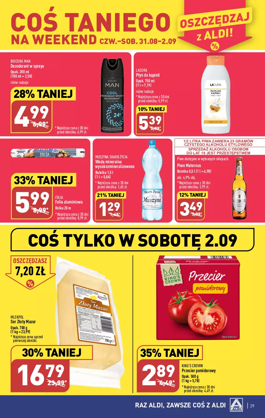 Gazetka promocyjna Aldi - Pełna oferta - ważna 28.08 do 02.09.2023 - strona 29 - produkty: Dezodorant, Folia aluminiowa, Gra, Mus, Piwa, Piwo, Płyn do kąpieli, Ser, Sok, Szyna, Woda, Woda mineralna, Złoty Mazur