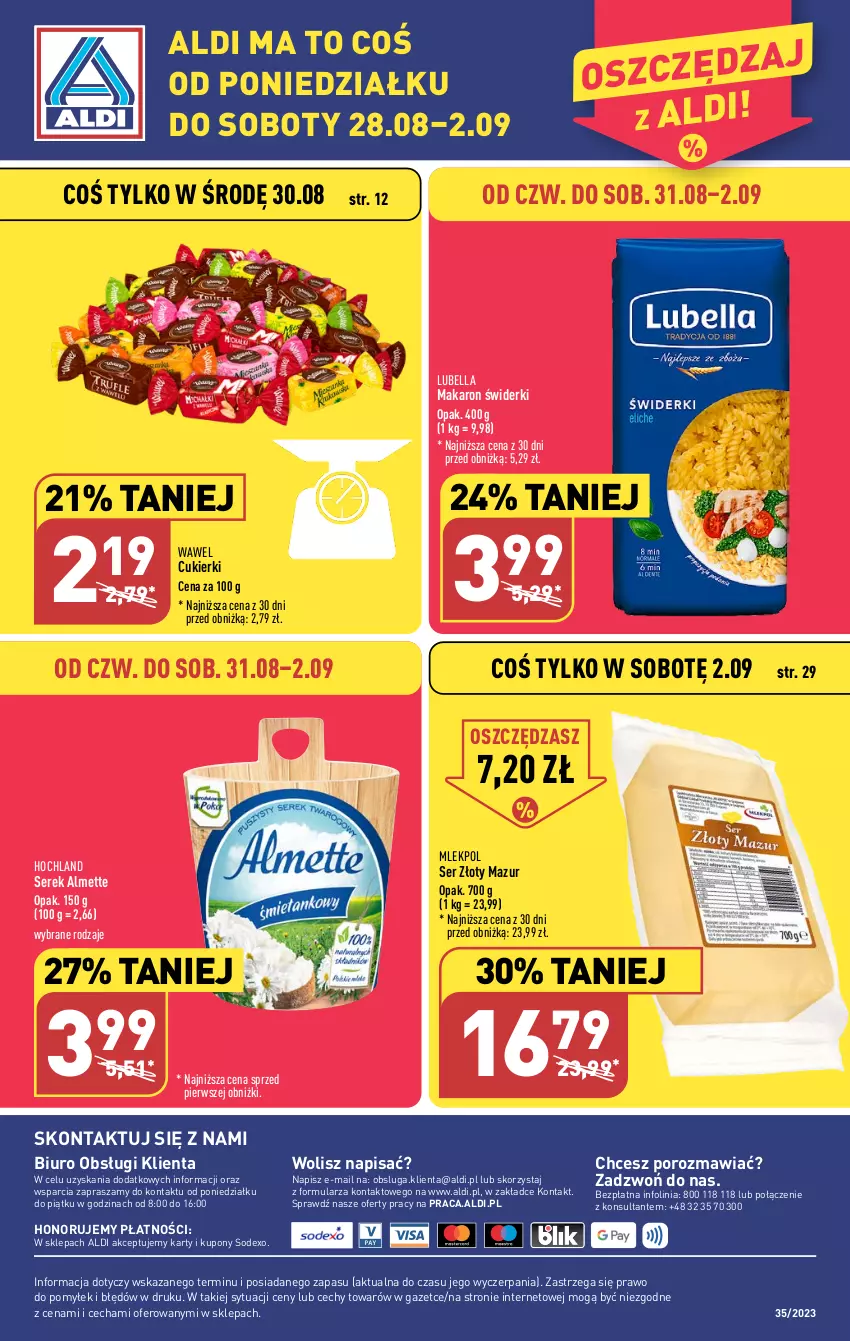 Gazetka promocyjna Aldi - Pełna oferta - ważna 28.08 do 02.09.2023 - strona 38 - produkty: Almette, Bell, Bella, Biuro, Cukier, Cukierki, Hochland, Lubella, Makaron, O nas, Por, Ser, Serek, Wawel, Złoty Mazur