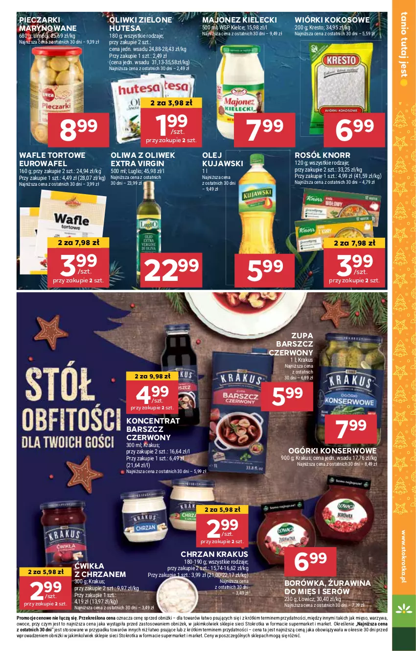 Gazetka promocyjna Stokrotka - Market Opole/Radom - ważna 19.12 do 27.12.2024 - strona 23 - produkty: Borówka, Chrzan, Gin, Knorr, Kokos, Krakus, Kujawski, Majonez, Mięso, Ogórki konserwowe, Olej, Oliwa, Oliwa z oliwek, Oliwki, Oliwki zielone, Owoce, Piec, Rosół, Ser, Wafle, Wafle tortowe, Warzywa, Wiórki kokosowe, Zupa