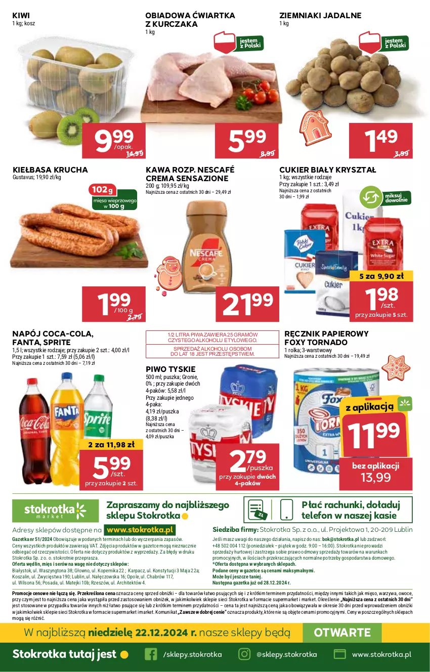 Gazetka promocyjna Stokrotka - Market Opole/Radom - ważna 19.12 do 27.12.2024 - strona 32 - produkty: Coca-Cola, Cukier, Dres, Fa, Fanta, Foxy, Gra, JBL, Karp, Kawa, Kiełbasa, Kiełbasa krucha, Kiwi, Kosz, Kurczak, Mięso, Napój, Nescafé, O nas, Owoce, Papier, Piwa, Piwo, Ręcznik, Ser, Sprite, Szal, Telefon, Tyskie, Wagi, Warzywa, Wilson, Ziemniaki