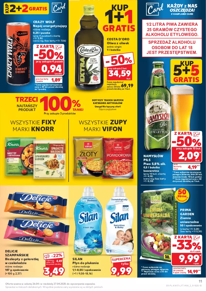 Gazetka promocyjna Kaufland - Gazetka tygodnia - ważna 24.04 do 29.04.2025 - strona 11 - produkty: Biszkopty, Delicje, Gala, Gin, Gra, Knorr, Namysłów, Napój, Oliwa, Oliwa z oliwek, Piwa, Piwo, Płyn do płukania, Prima, Silan, Waga