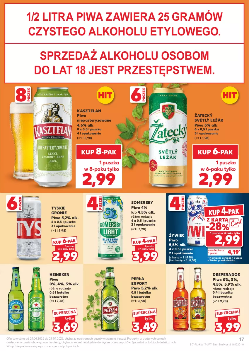 Gazetka promocyjna Kaufland - Gazetka tygodnia - ważna 24.04 do 29.04.2025 - strona 17 - produkty: Desperados, Gra, Heineken, Kasztelan, Perła, Piwa, Piwo, Por, Somersby, Tyskie