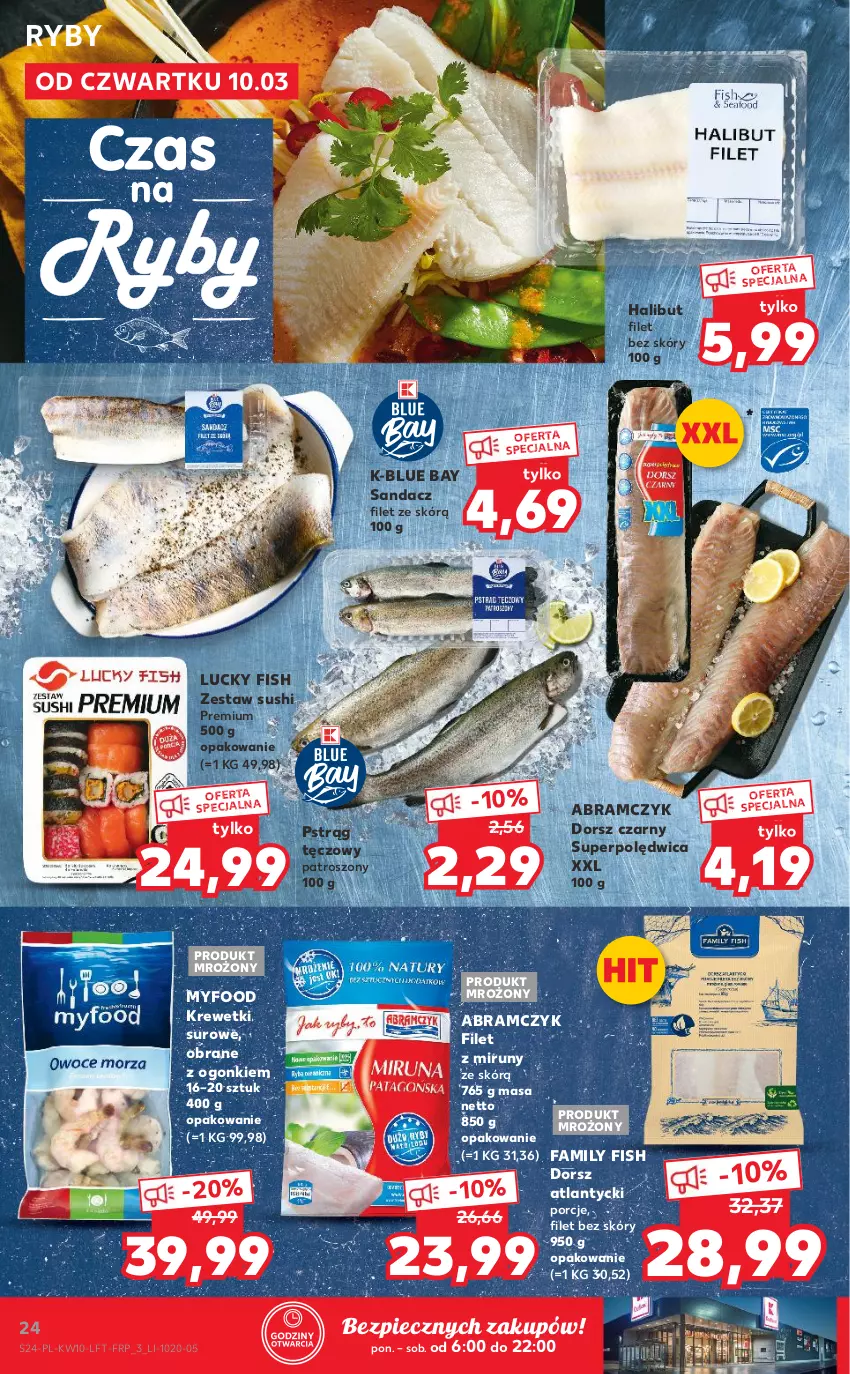 Gazetka promocyjna Kaufland - OFERTA TYGODNIA - ważna 10.03 do 16.03.2022 - strona 24 - produkty: Dorsz, Fa, Halibut, Krewetki, Piec, Polędwica, Por, Pstrąg, Pstrąg tęczowy, Sandacz, Sandacz filet, Sushi