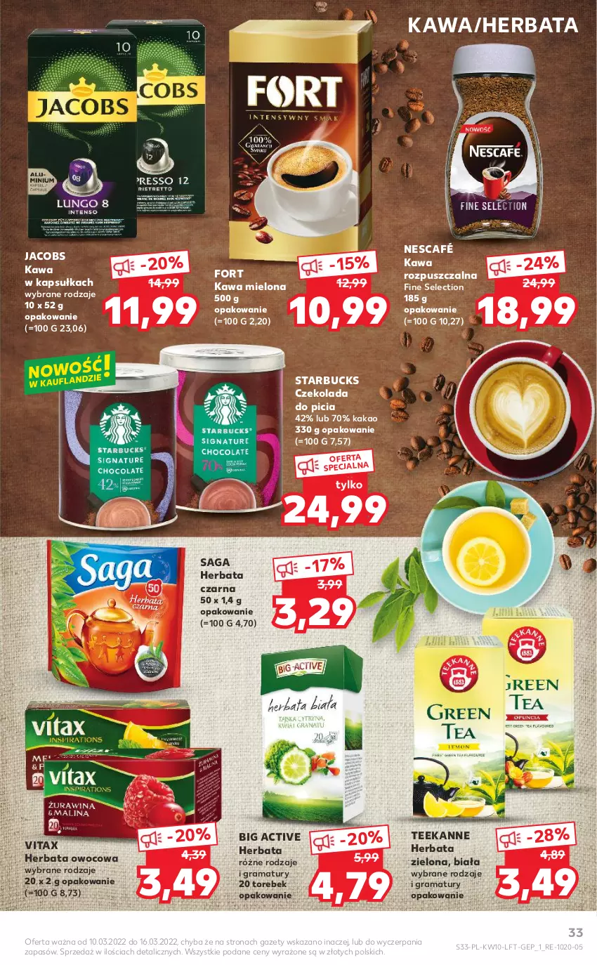 Gazetka promocyjna Kaufland - OFERTA TYGODNIA - ważna 10.03 do 16.03.2022 - strona 33 - produkty: Czekolada, Gra, Herbata, Herbata czarna, Herbata owocowa, Jacobs, Kakao, Kawa, Kawa mielona, Kawa rozpuszczalna, Nescafé, Rama, Saga, Teekanne, Vitax