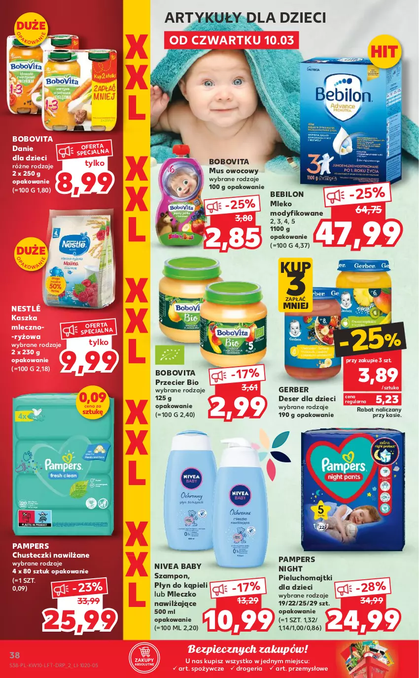 Gazetka promocyjna Kaufland - OFERTA TYGODNIA - ważna 10.03 do 16.03.2022 - strona 38 - produkty: BEBILON, BoboVita, Chusteczki, Danie dla dzieci, Deser, Dzieci, Gerber, Majtki, Mleczko, Mleko, Mleko modyfikowane, Mus, Nestlé, Nivea, Nivea Baby, Pampers, Piec, Pieluchomajtki, Płyn do kąpieli, Ryż, Ser, Szampon