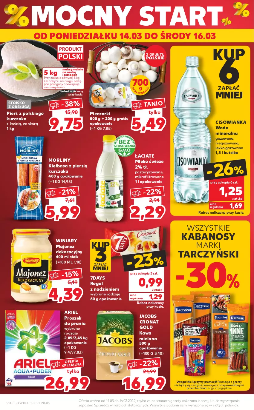 Gazetka promocyjna Kaufland - OFERTA TYGODNIA - ważna 10.03 do 16.03.2022 - strona 54 - produkty: Ariel, Cisowianka, Gra, Grunt, Jacobs, Kabanos, Kawa, Kawa mielona, Kiełbasa, Kurczak, Majonez, Mleko, Morliny, Piec, Proszek do prania, Rogal, Tarczyński, Waga, Winiary, Woda, Woda mineralna