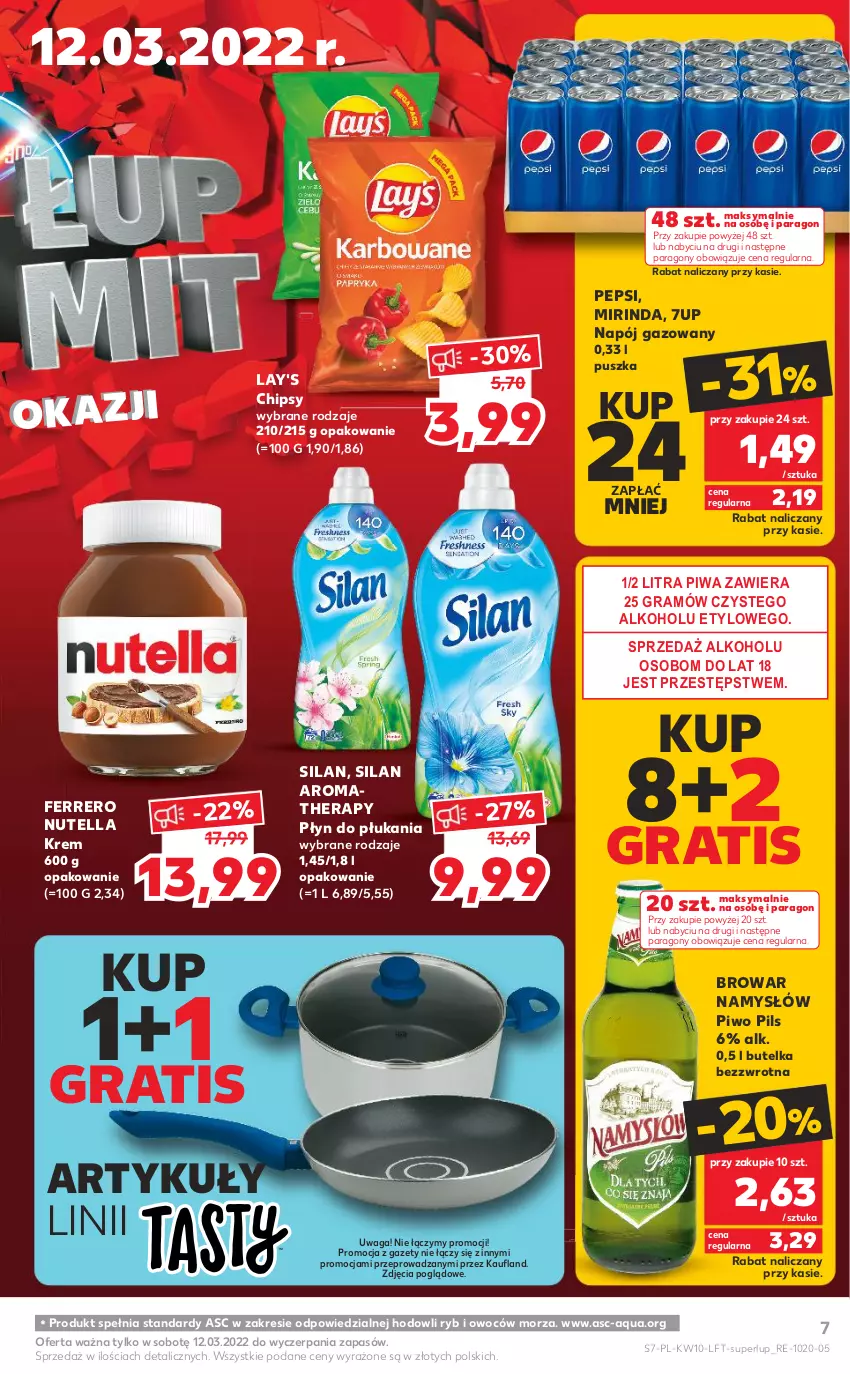 Gazetka promocyjna Kaufland - OFERTA TYGODNIA - ważna 10.03 do 16.03.2022 - strona 7 - produkty: 7up, Chipsy, Ferrero, Gra, Mirinda, Namysłów, Napój, Napój gazowany, Nutella, Pepsi, Piwa, Piwo, Płyn do płukania, Silan, Waga