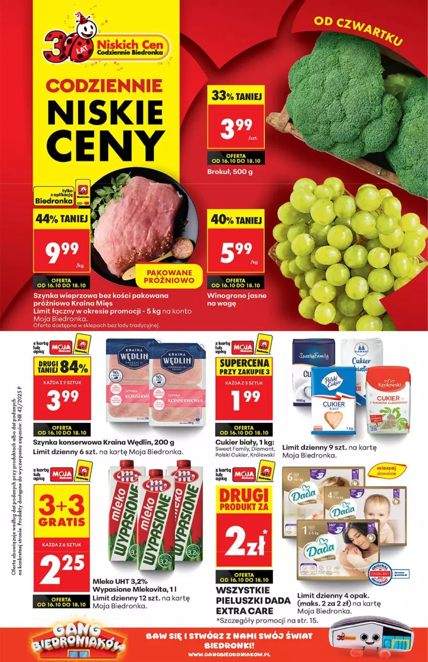 Gazetka promocyjna Biedronka - Od Czwartku 16.10 - ważna 16.10 do 22.10.2025 - strona 1 - produkty: Cukier, Dada, Diamant, Fa, Kret, Królewski, LG, Mleko, Mlekovita, Ole!, Ser, Szynka, Szynka konserwowa